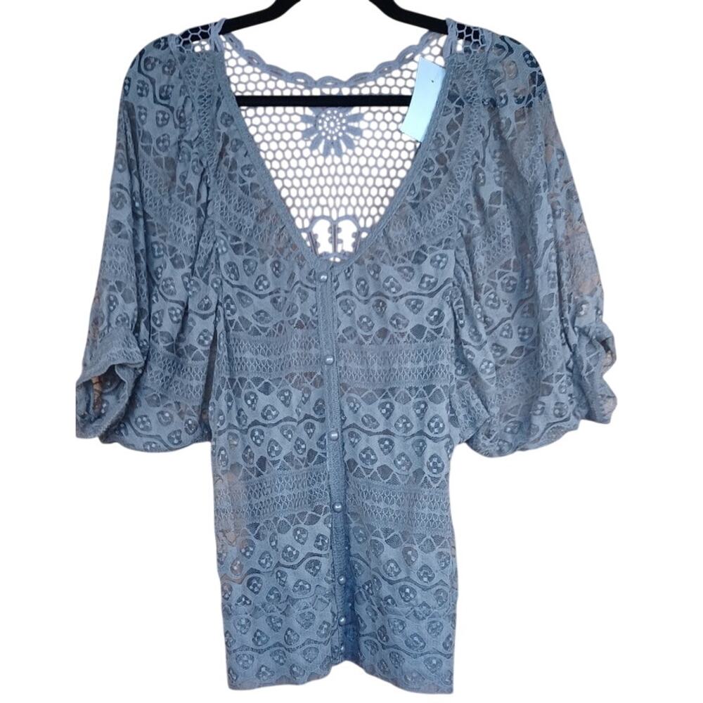 Ms. Bella D XL Romantic Boho Lace Kimono Cover Up Tan Crochet Sheer Festival Top